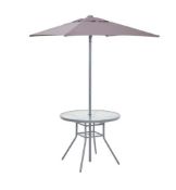 (R6H) 1x Andorra Round Table And Parasol. Powder Coated Steel Frame. Toughened Glass Table top. Pow