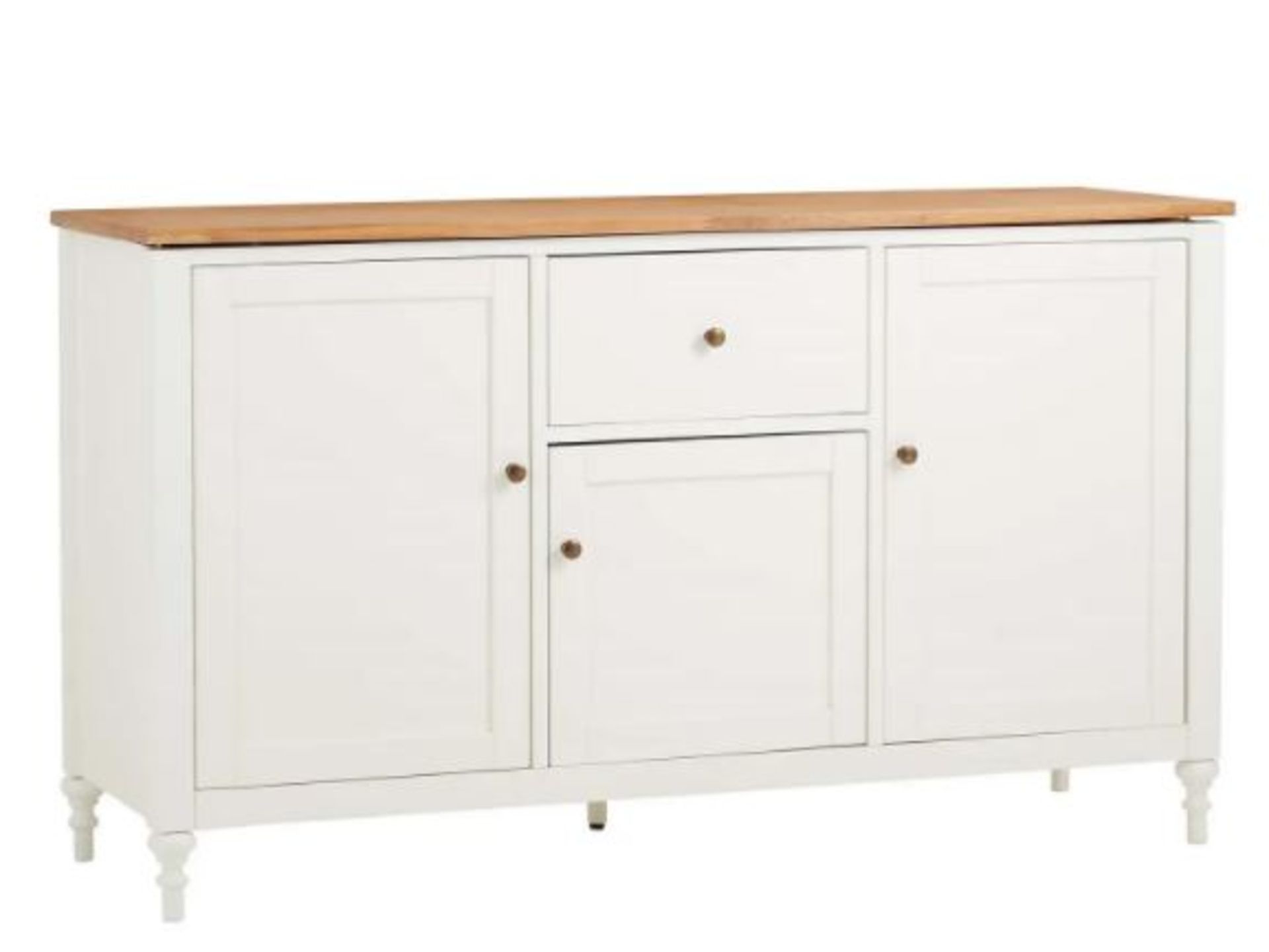 (R10F) 1x Laura Sideboard RRP £250. Pine Wood And MDF Cabinet Body White With Oak Top And Handles, - Image 2 of 7