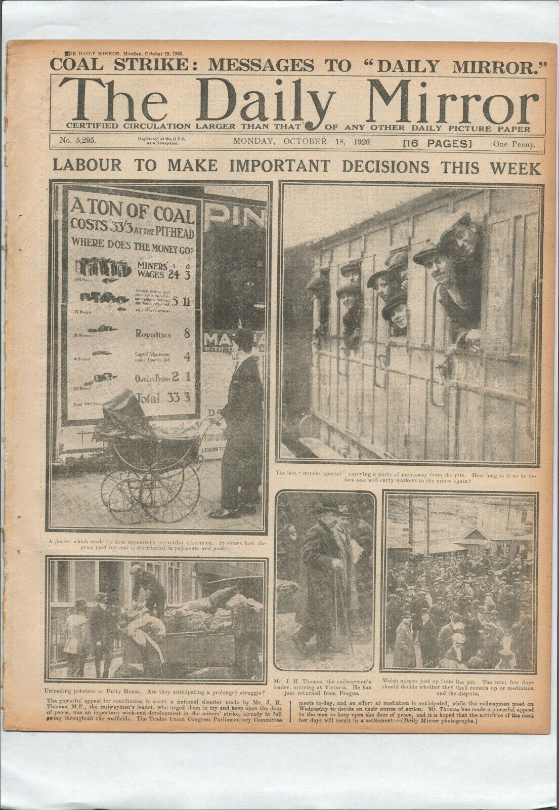 6 Original Antique Daily Mirror Newspapers 1920 Covering The Great Minersê Strike - Image 2 of 6