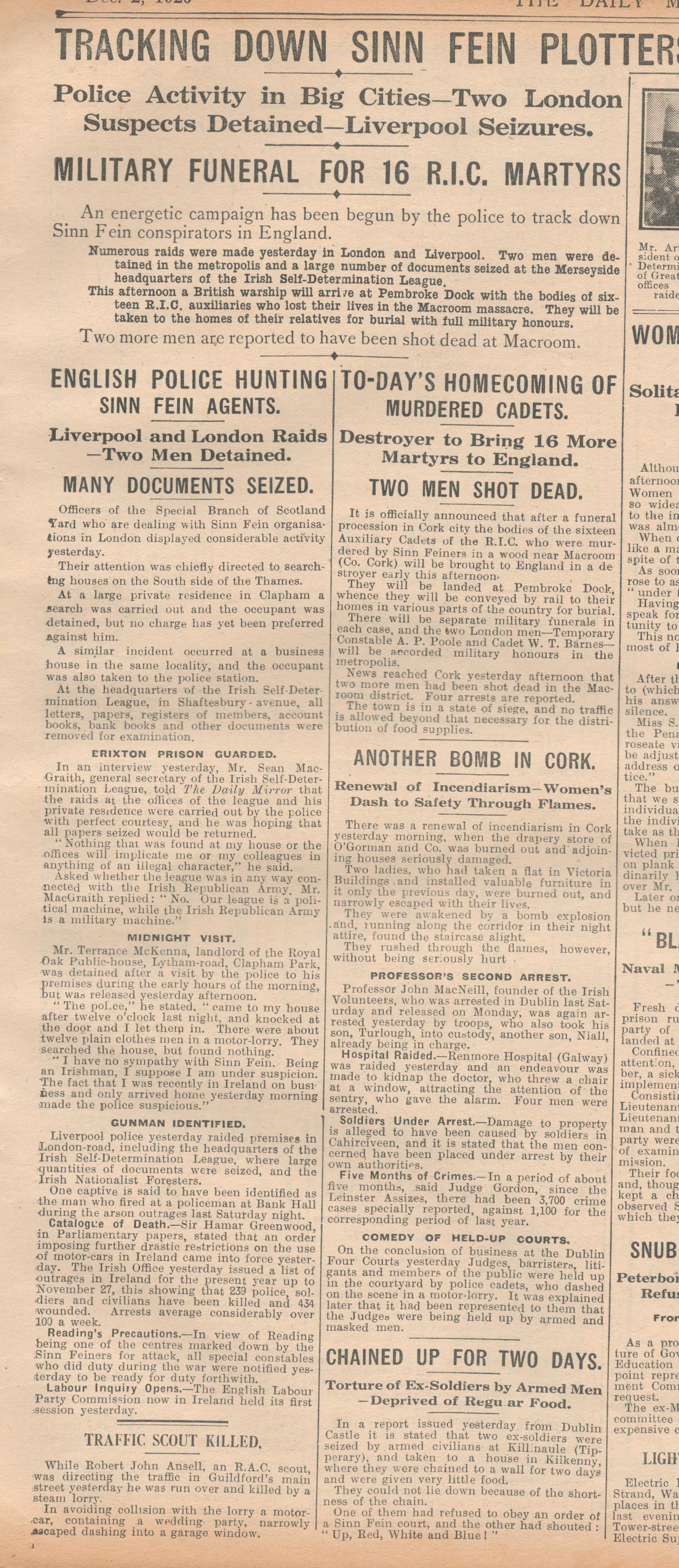 Antique Daily Mirror Newspaper 1920 Tracking Down Sinn Fein Flying Column Ambush at Macroom. - Image 2 of 3