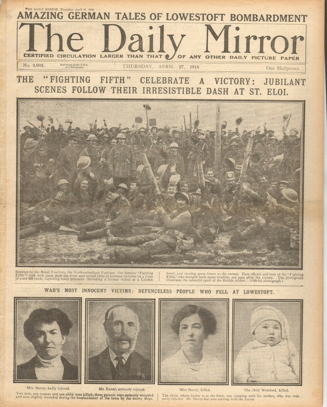 Original Newspaper Apr 27th 1916. First Reports Of the Easter Rising Rebellion - Image 3 of 3