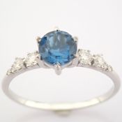 HRD Antwerp Certificated 14K White Gold Diamond & London Blue Topaz Ring (Total 1.04 Ct. Stone)