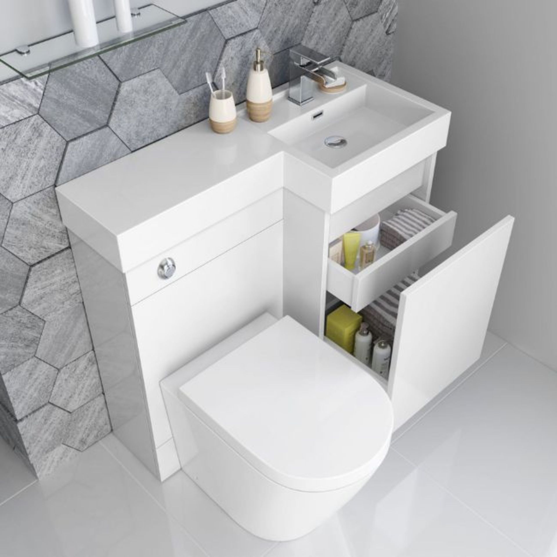 New & Boxed 906mm Olympia Gloss White Drawer Vanity Unit - Lyon Pan, Right Hand. Basin, Unit A... - Image 3 of 3
