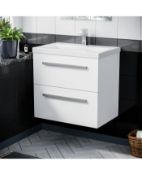 New (U61) Wall Hung 600mm 2 Drawer Vanity Cabinet And Basin Gloss White. RRP £359.99. Comes Co...