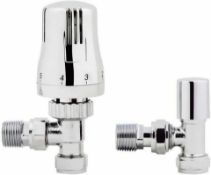 New Chrome Thermostatic Control Angled Designer Radiator Valves Pair 15mm New. Ra07A. RRP £49....