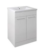 New (Aa100) 600 Floor Mounted Unit With Doors And Basin _ White. RRP £390.00. Length: 590m...