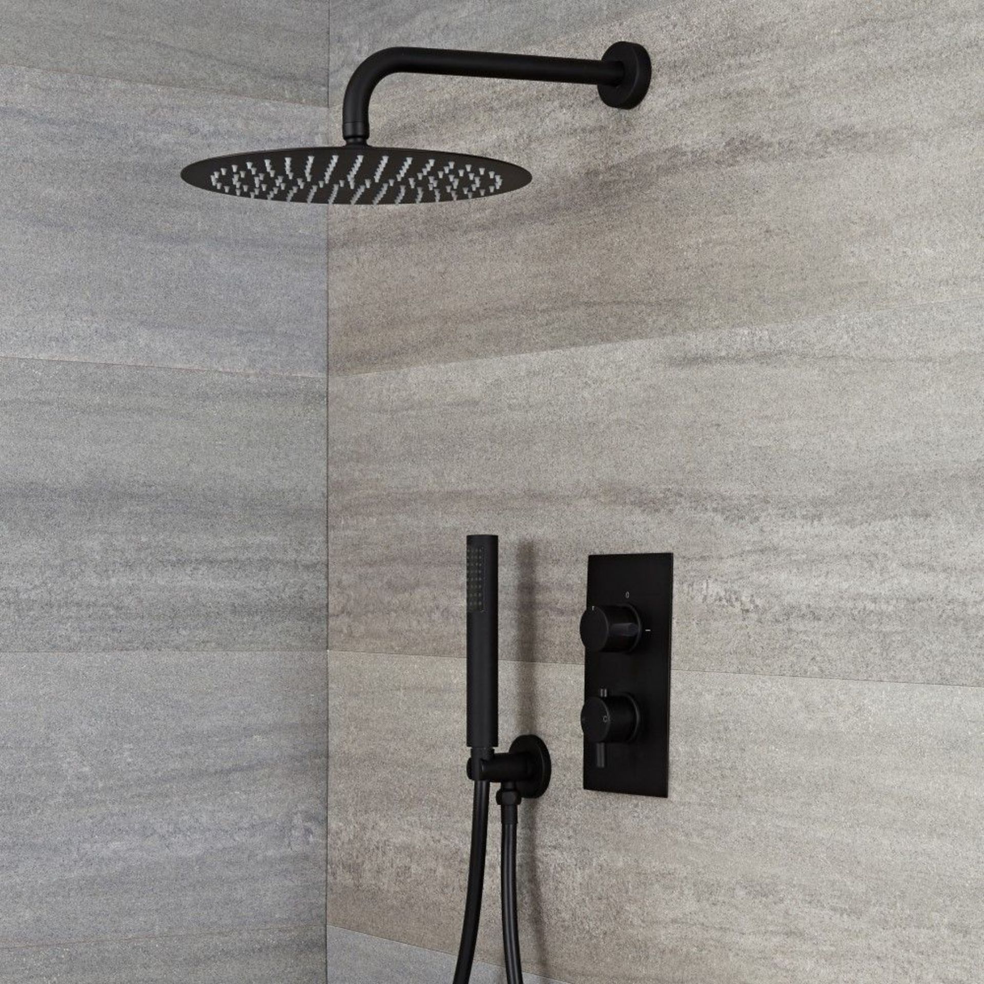 New & Boxed Round Concealed Thermostatic Mixer Shower Kit & Large Head, Matte Black. RRP £499...