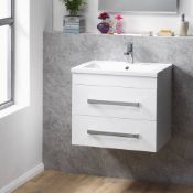 New (Aa57) 2 Drawer Wall Hung Base Unit 600mm Gloss White. RRP £472.00. Gloss White Finish Bas...