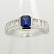 18ct white gold step-cut, sapphire and baguette-cut diamond dress ring