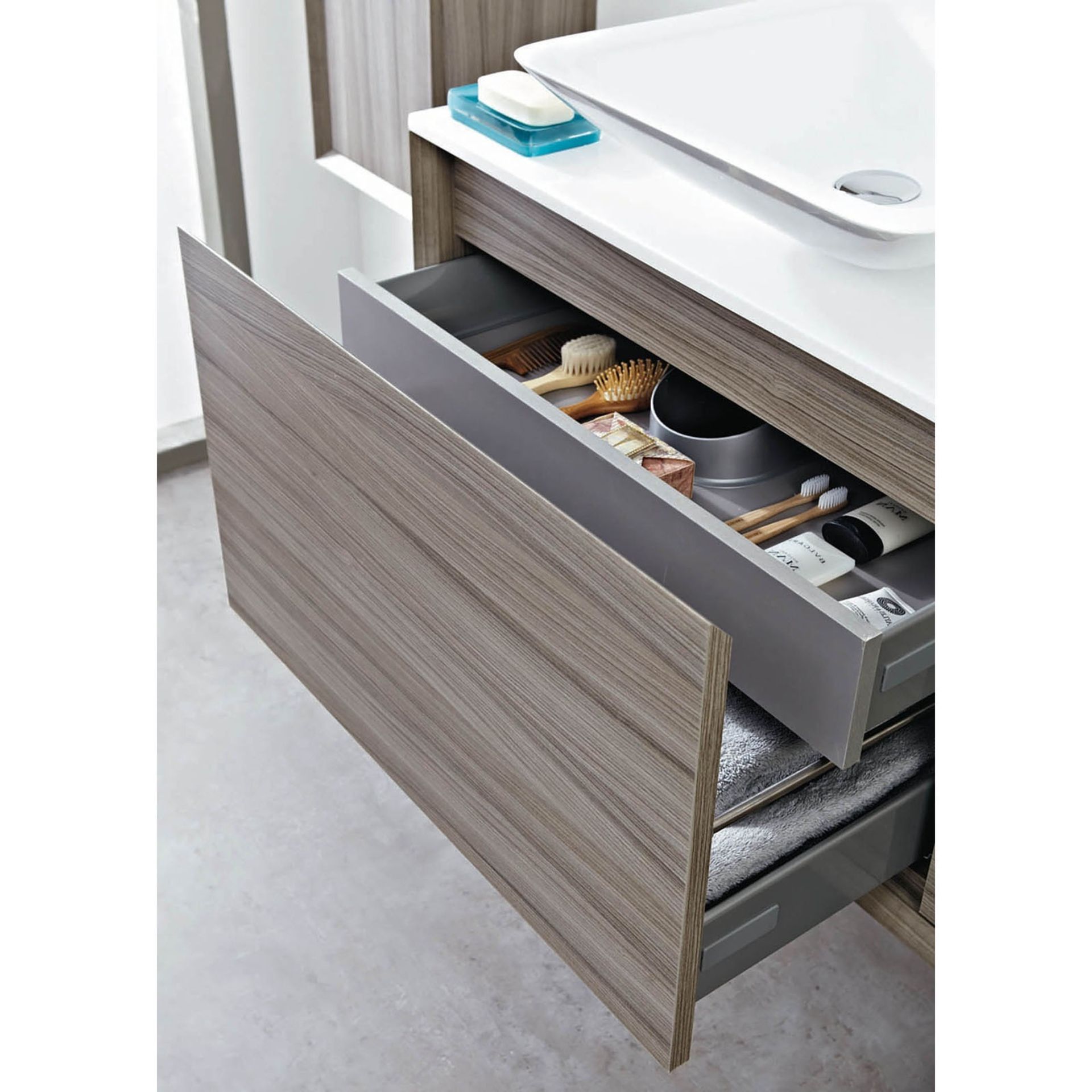 Enzo 1000 x 457 x 450mm designer wall hung vanity unit in Nilo finish with sparkling white solid su - Image 2 of 2
