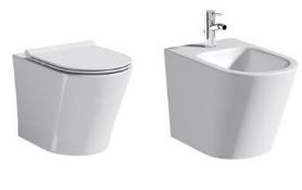1 x D shape modern back to wall toilet with dedicated seat and 1 x matching bidet. RRP £600. Model