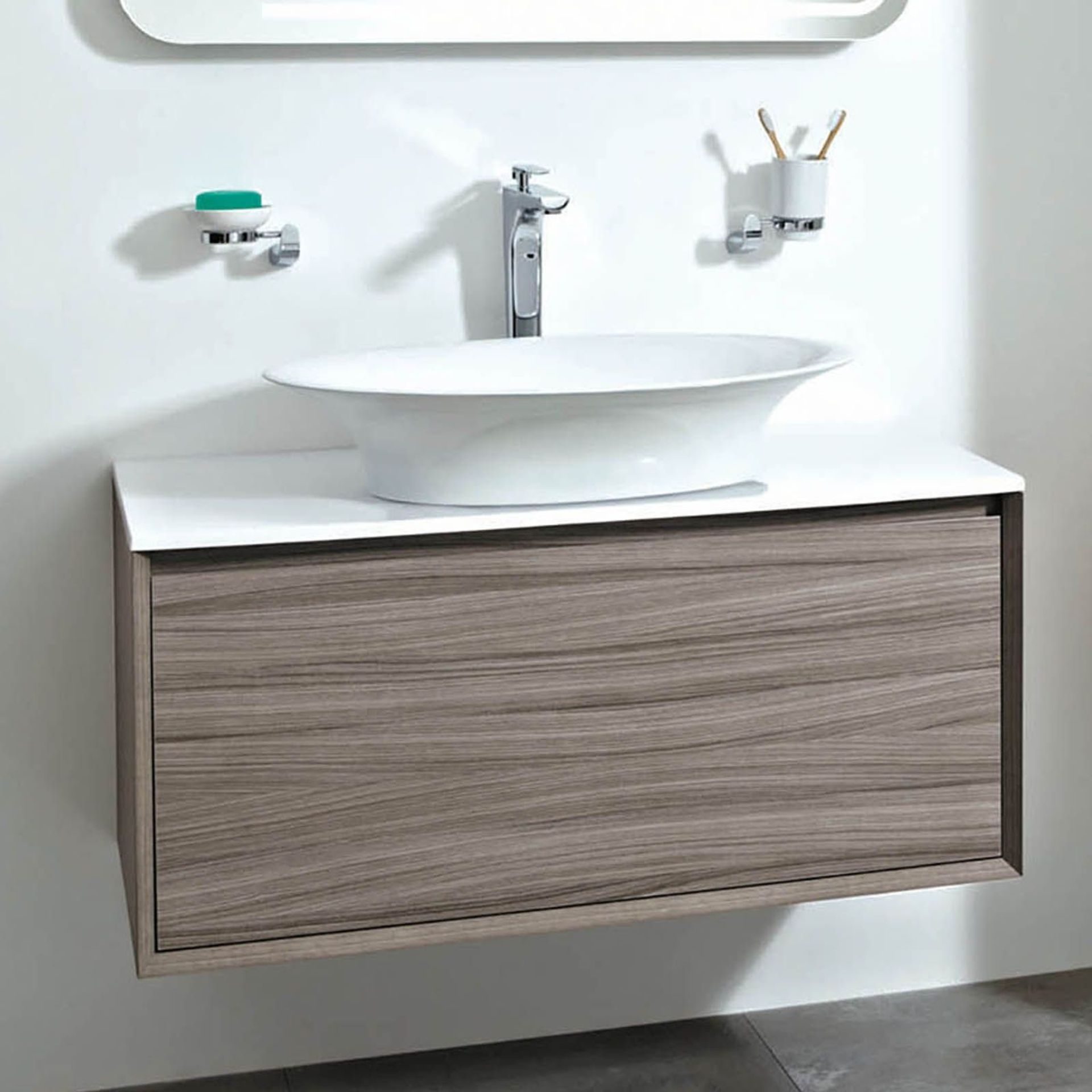 Enzo 1000 x 457 x 450mm designer wall hung vanity unit in Nilo finish with sparkling white solid su
