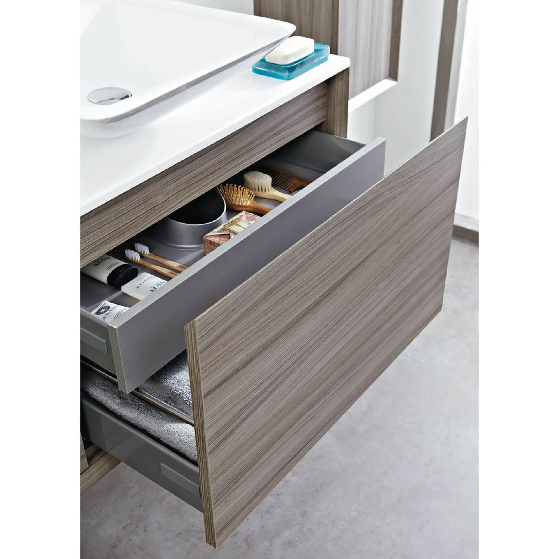 Enzo 1200 x 457 x 450mm designer wall hung vanity unit in Nilo finish with sparkling white solid su - Image 2 of 2