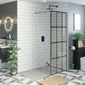 VP black framed wet room walk in glass panel shower screen with wall trim. No wall support arm. 900