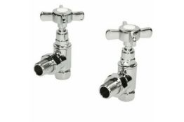 New & Boxed Traditional Angled Heated Towel Rail Radiator Valves Cross Head Pair 15mm Manual. ...