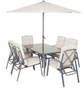 (R5C) 2x Items. 1x Rowly Dining Table & 1x Rowly Parasol. (No Chairs Included In Lot)