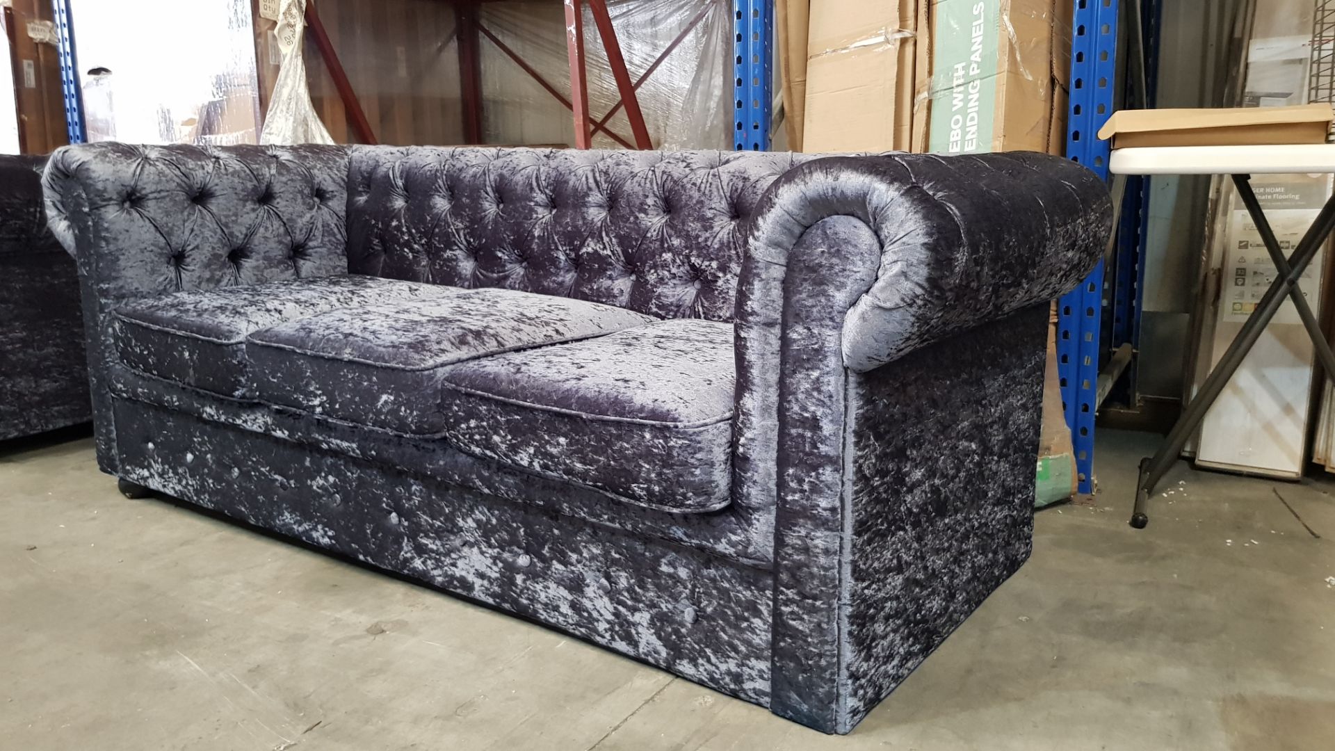 (R16) 1x Chesterfield Velvet 3 Seater Sofa Petrol Blue RRP £450. (2x Feet Missing Left Handside Of - Image 5 of 7