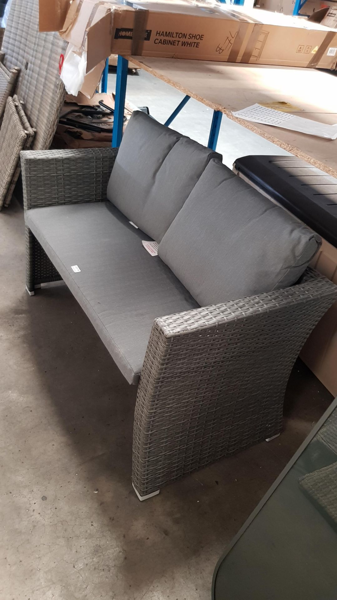 (R9C) 1x Rattan Bench Dark Grey With 3x Cushions