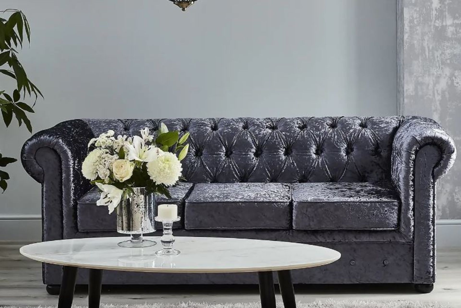 (R16) 1x Chesterfield Velvet 3 Seater Sofa Petrol Blue RRP £450. (2x Feet Missing Left Handside Of - Image 2 of 7