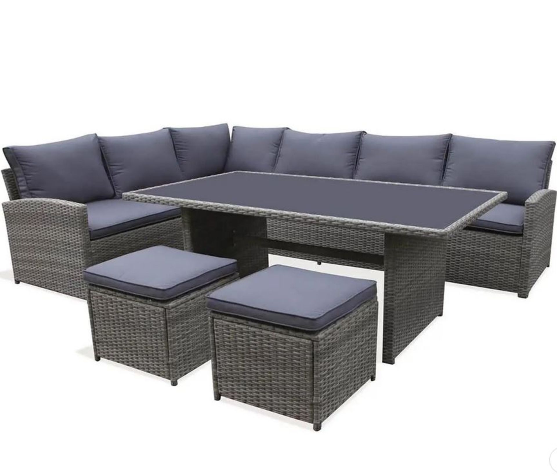 (R16) 1x Corner Sofa Set Rattan With Toughened Glass Table & 7x Cushions. 2x Stools With Cushion.