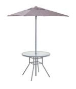 (R5E) 1x Andorra Round Table & Parasol. Powder Coated Steel Frame. Toughened Glass Table Top. Powde