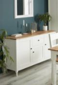 (R16) 1x Laura Sideboard RRP £250. Pine Wood And MDF Cabinet Body. White With Oak Top And Handles.