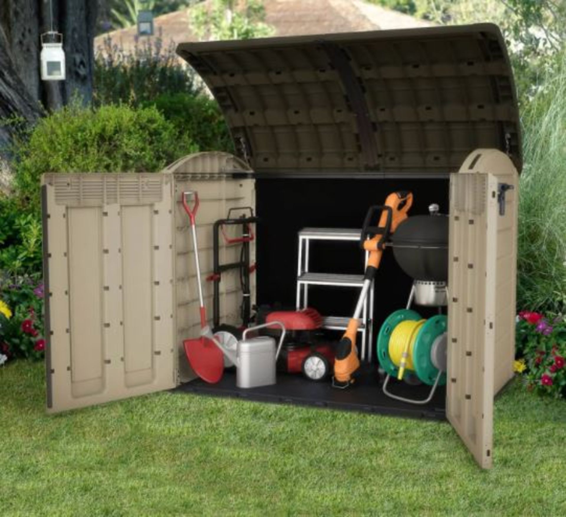 1x Keter Store it Out Ultra Outdoor Plastic Garden Storage Shed Beige & Brown RRP £325. Elegant