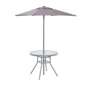 (R6M) 1x Andorra Round Table & Parasol. Powder Coated Steel Frame. Toughened Glass Table Top. Pow