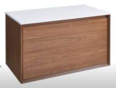 Enzo 800 x 457 x 450mm designer wall hung vanity unit in walnut finish with sparkling white solid s