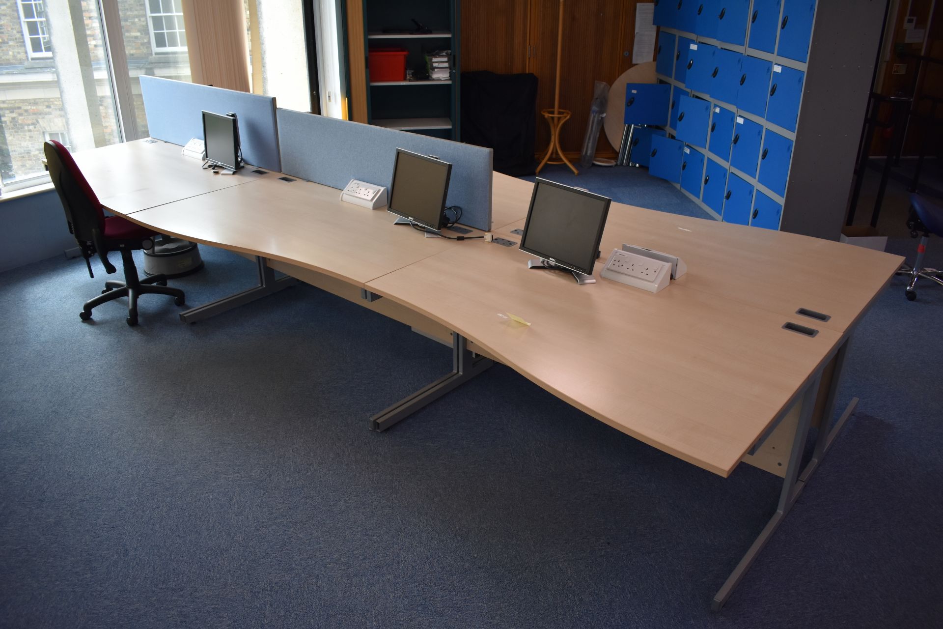 Hardwired Desk LH x3 & RH x3, Desk Screen x2, Task Chair, Footrest, Monitors x4, Step, Coat Stand