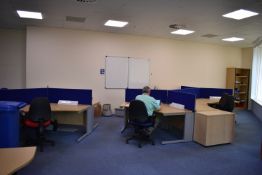 Hardwired desk x9, desk screen x9, pedestal x3, task chairs x7, tambour door unit, whiteboard x2