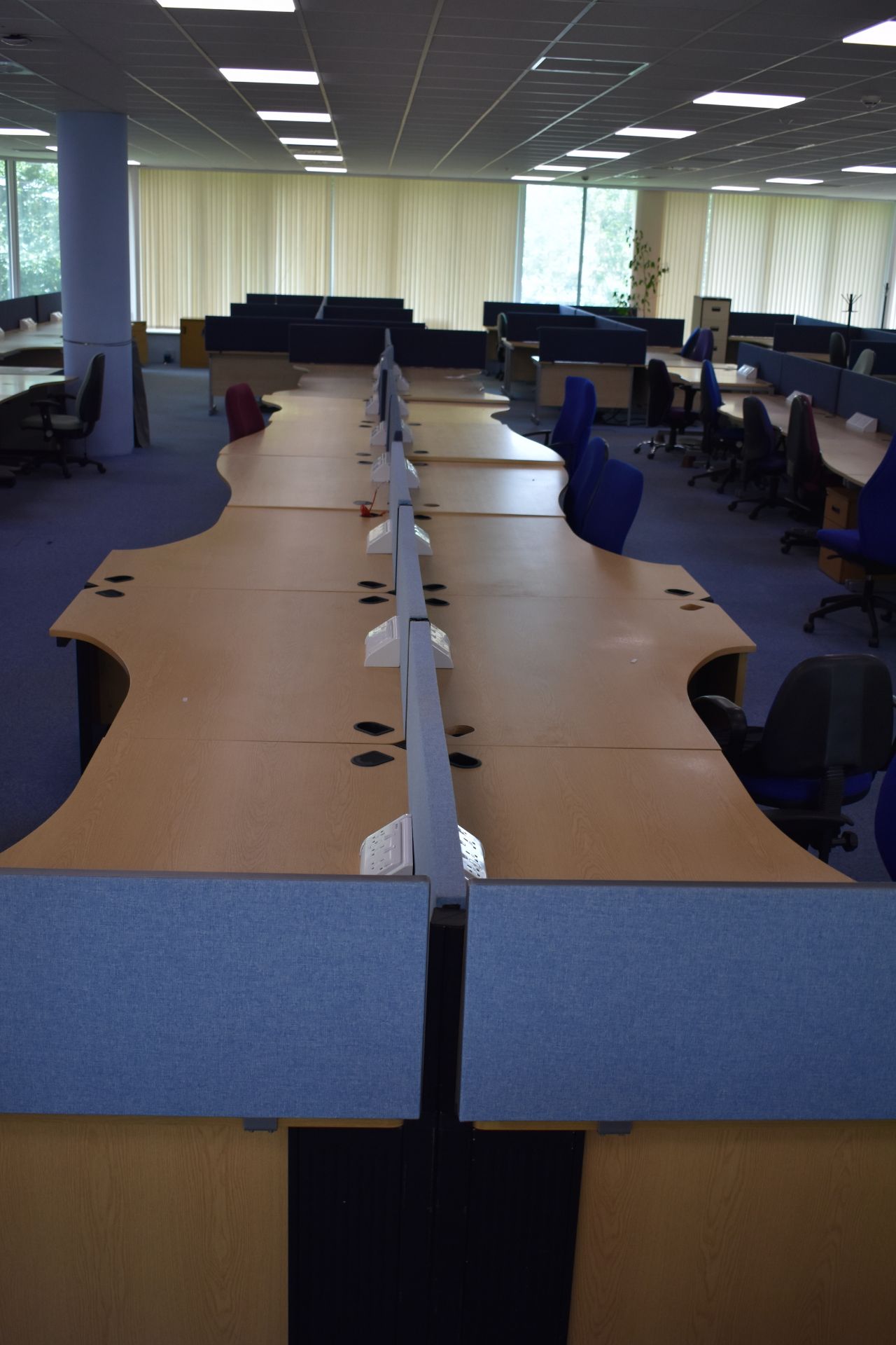 Hard wired corner & wave desks LHs and RHs, desk screen, footrest, task chair, coat stand, pedestal