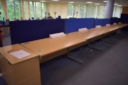 Desk hardwired x6, wave desk LH x2 & RH x2, chairs x2, cutting table, step, chair, screen x7