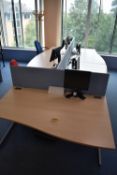 Hardwired Desk LH x2 & RH x3, Desk Screen x3, Task Chair x2, Footrest x2, Monitor x3, Coat Stand x1