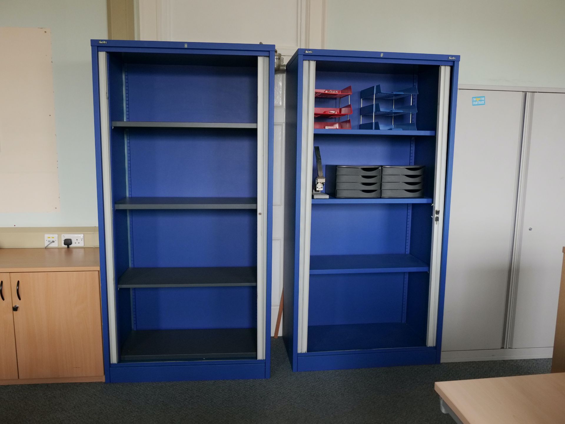 Desk x12, Chair x8, Tambour unit x4, Bookcase, Hinged unit x4, 9 drawer, Coat stand, Display case - Image 3 of 27
