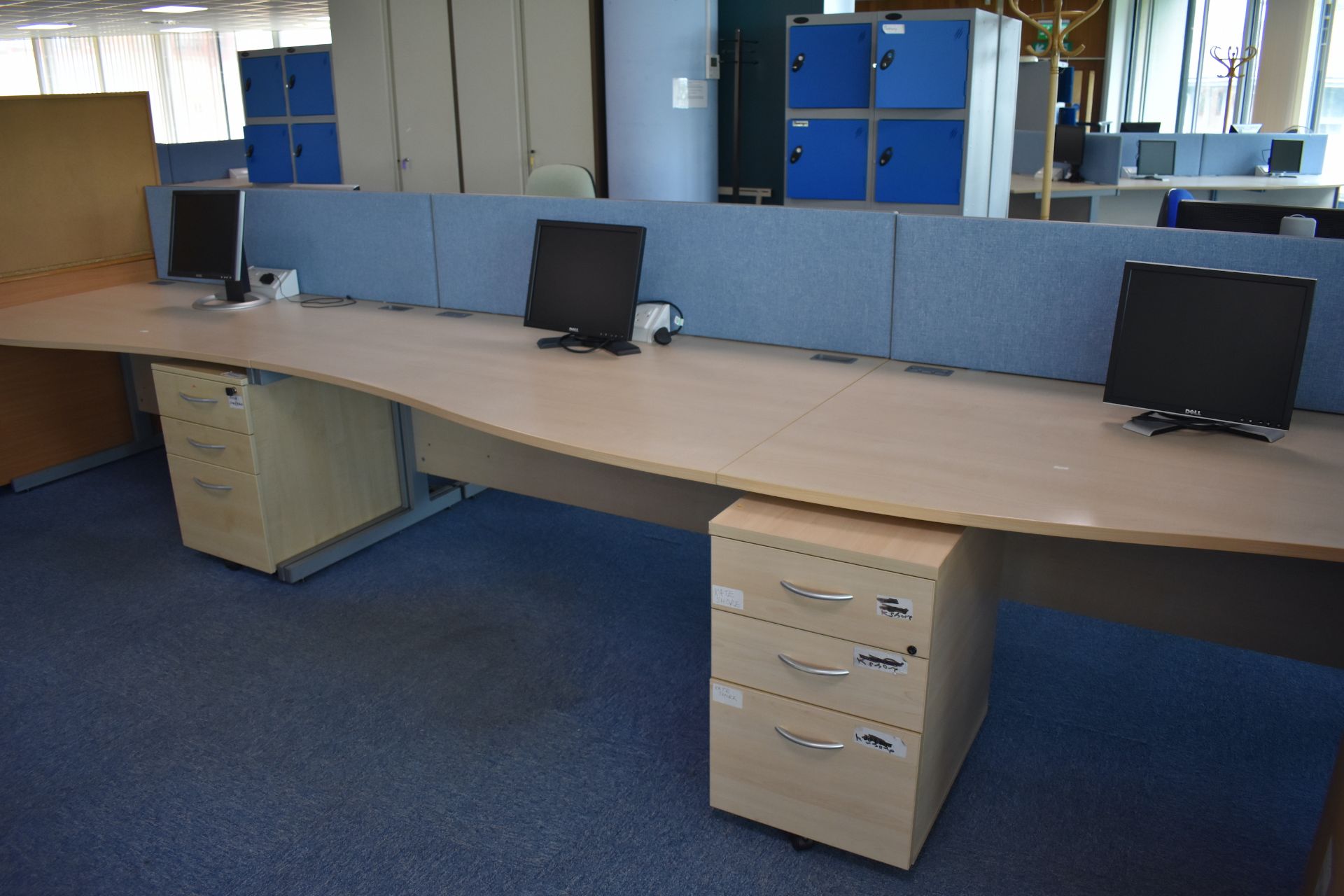 Hardwired Desk LH x4 & RH x3, Desk Screens Qty 4 Task Chair Qty 2, Pedestals Qty 2, Monitors Qty 7,