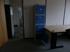 Hard wired desk x8, Screen, Corner desk, Chair x2, Tambour unit x4, filer x3, Locker x2, Coat stand