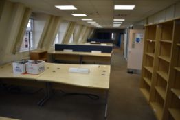 Desk LH x7 & RH x5, Bookcase x8, Unit x4, 4 Drawer Filer, Lockers x6, Coat Stand, Bookcase, Chair