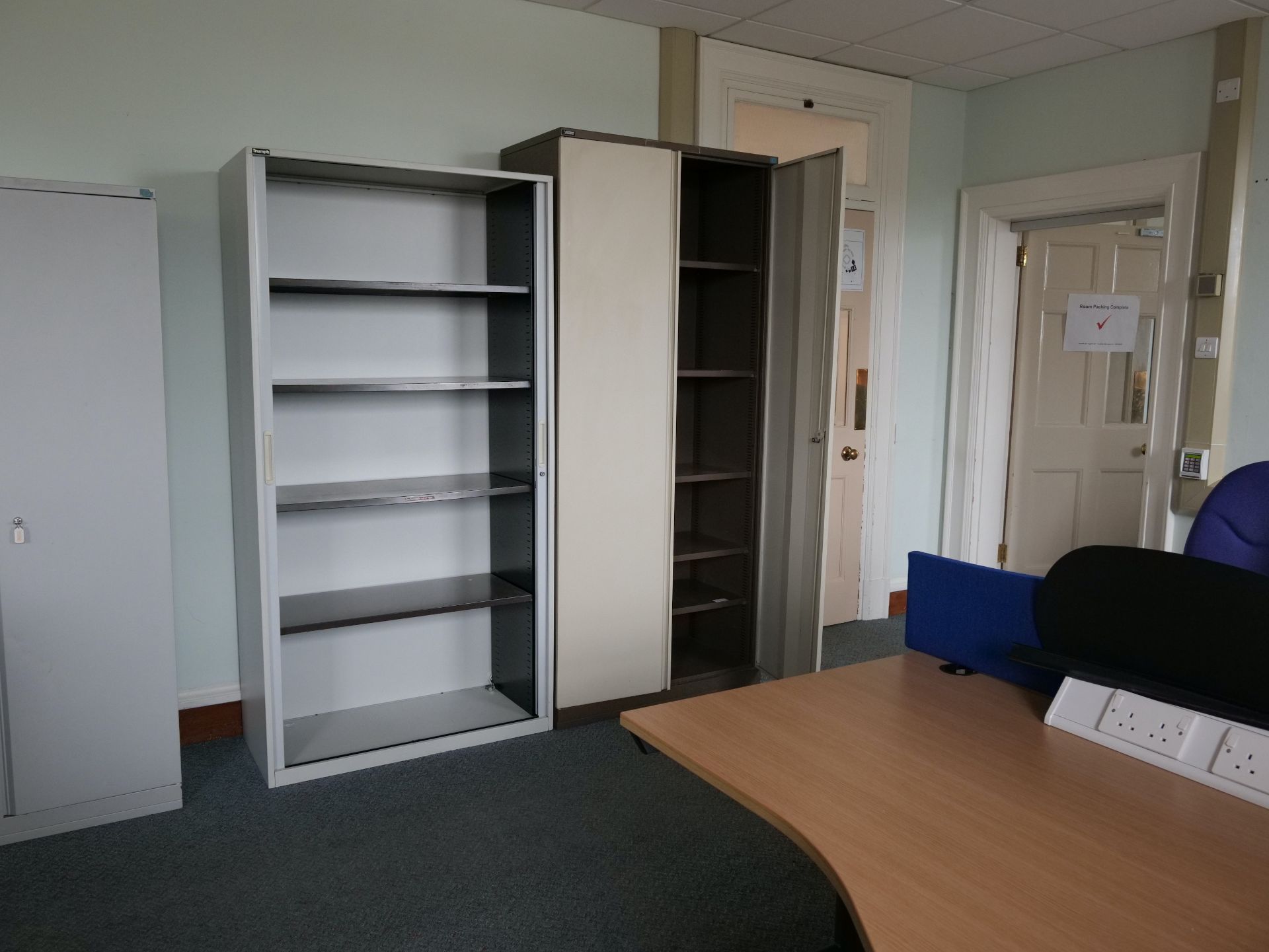 Desk x12, Chair x8, Tambour unit x4, Bookcase, Hinged unit x4, 9 drawer, Coat stand, Display case