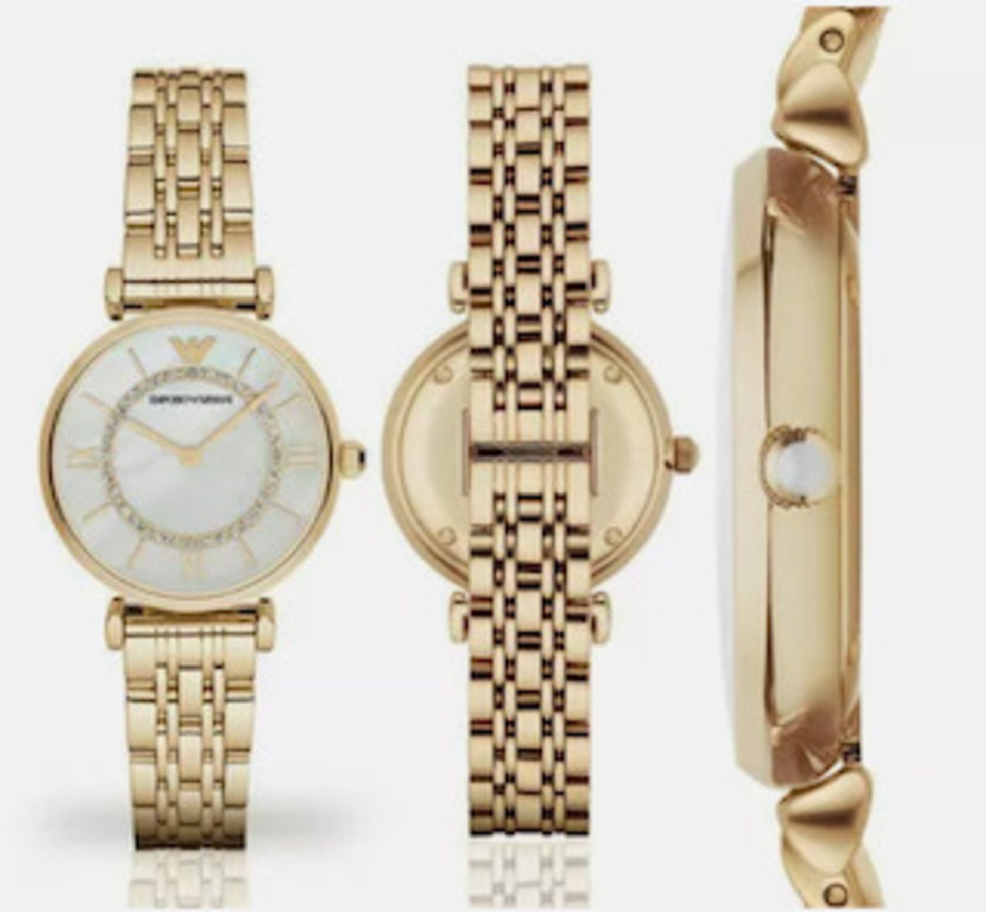 Emporio Armani AR1907 Ladies Mother Of Pearl Dial Gold Tone Bracelet Quartz Watch - Image 5 of 6