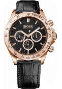Hugo Boss 1513179 Men's Ikon Rose Gold Bezel Black Leather Strap Chronograph Watch