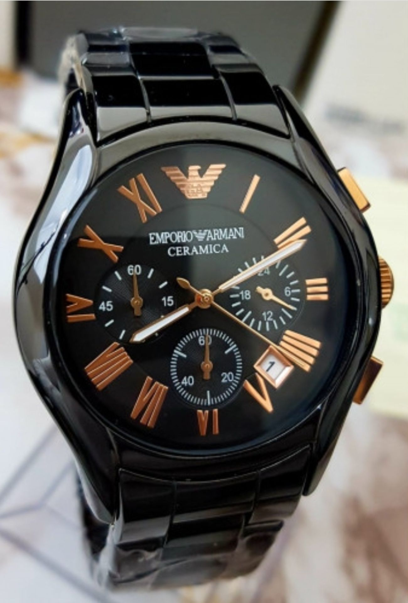 Emporio Armani AR1410 Men's Ceramica Rose Gold & Black Quartz Chronograph Watch - Image 5 of 7