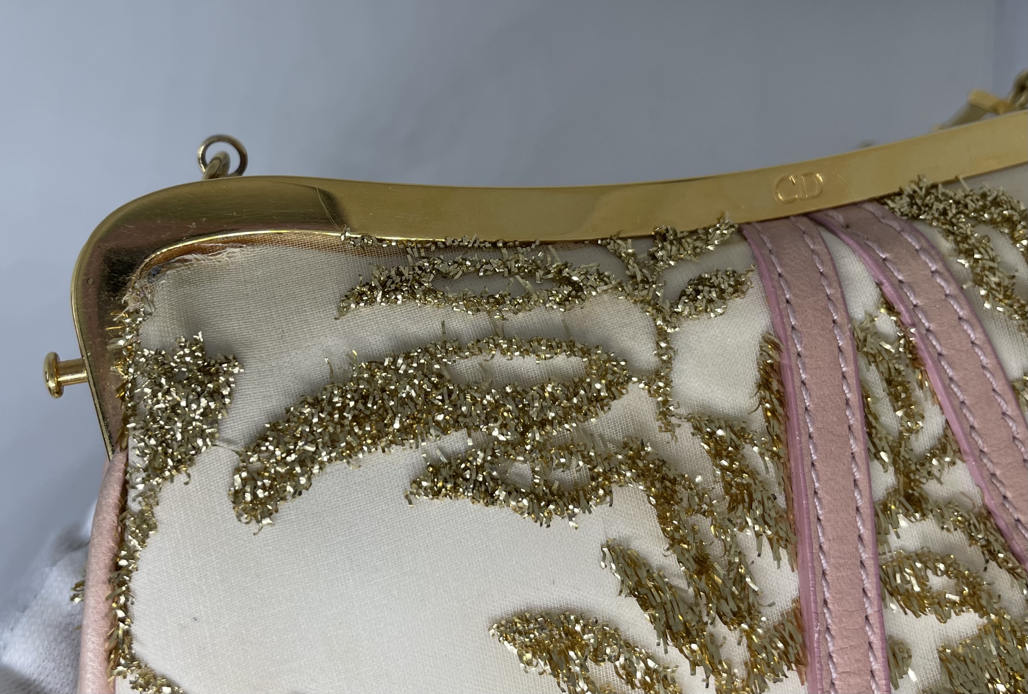 Dior Saddle MiniClutch Limited edition in gold coloured embroidery over cream satin - Image 9 of 14