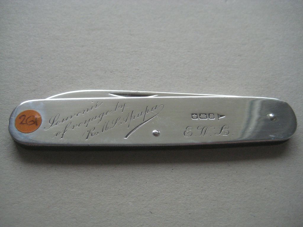 Rare Souvenir of Voyage R.M.J. Apapa Engraved Silver Folding Fruit Knife - Image 6 of 7