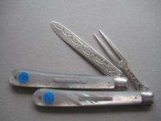 Victorian Matching Mother of Pearl Hafted Silver Folding Knife and Fork