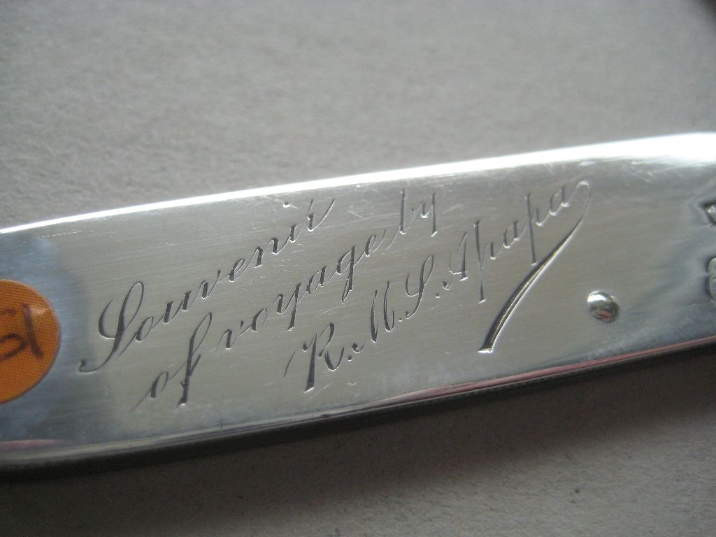 Rare Souvenir of Voyage R.M.J. Apapa Engraved Silver Folding Fruit Knife - Image 3 of 7