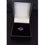 Ladies Silver Oval Amethyst and Diamond Ring