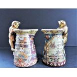 Pair of Vintage Porcelain Japanese Satsuma Feline Cat Creamer Jug