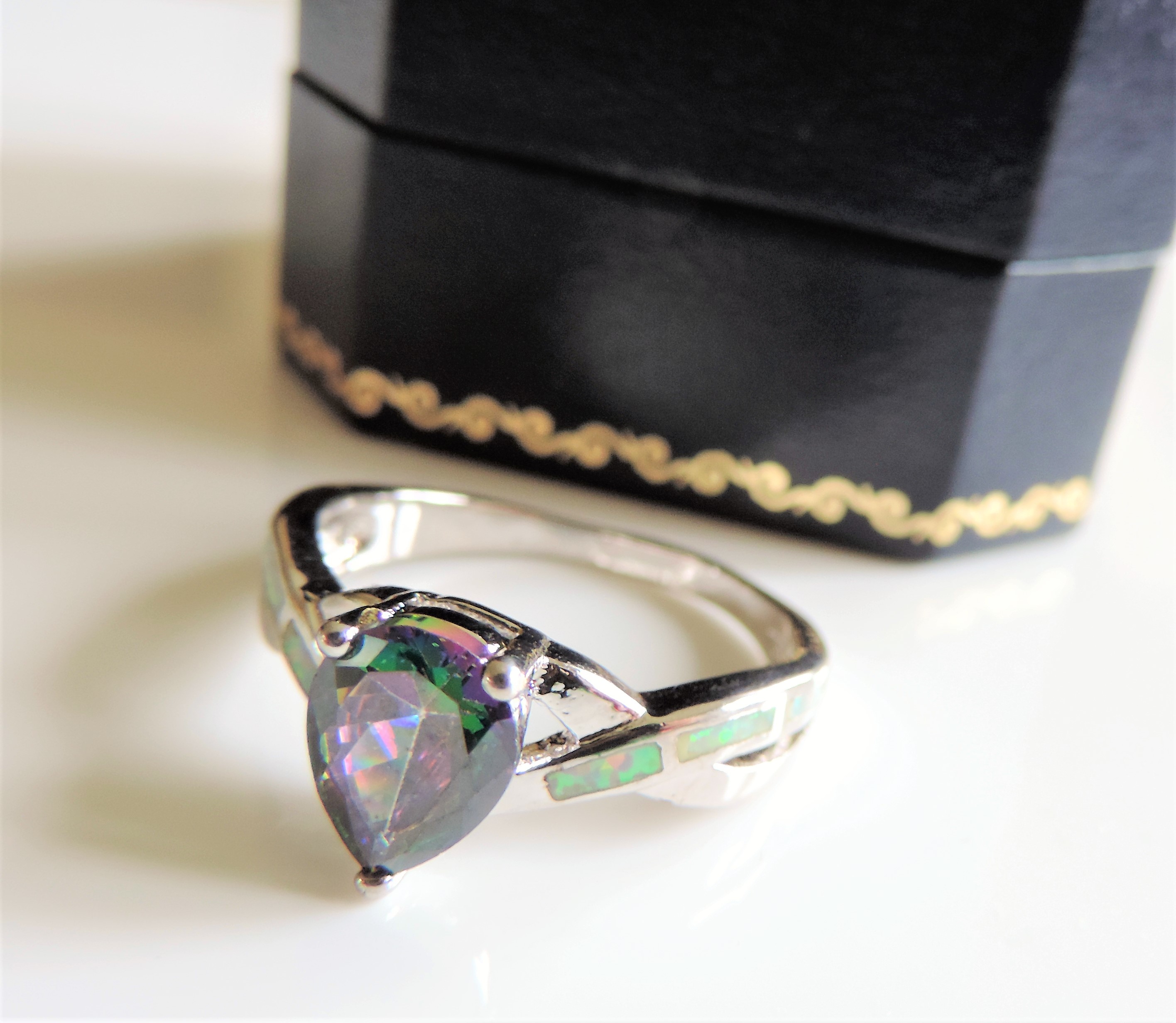 Sterling Silver 2ct Pear Cut Mystic Topaz & Fire Opal Ring