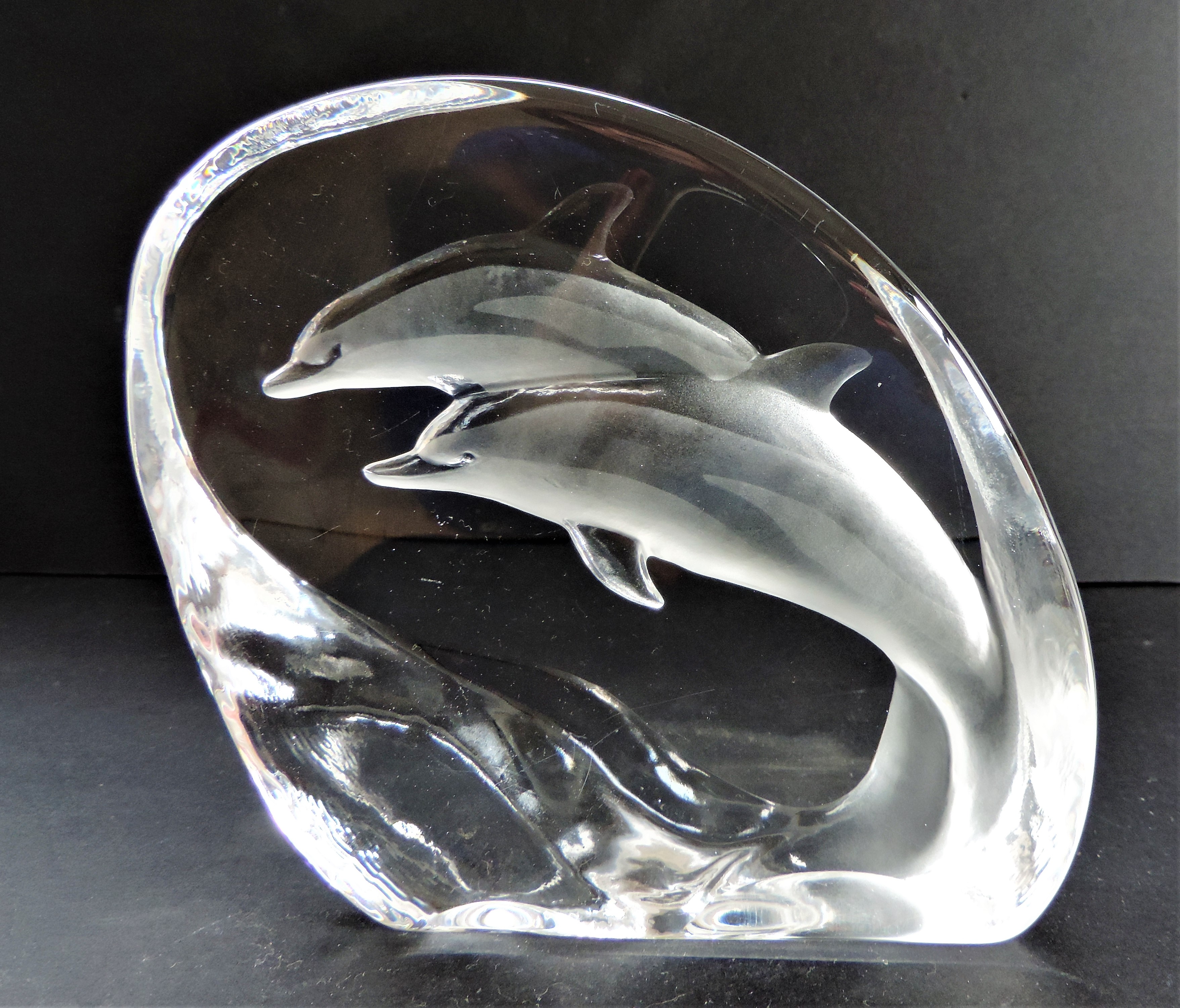 Large Mats Jonasson Crystal Dolphins Sculpture